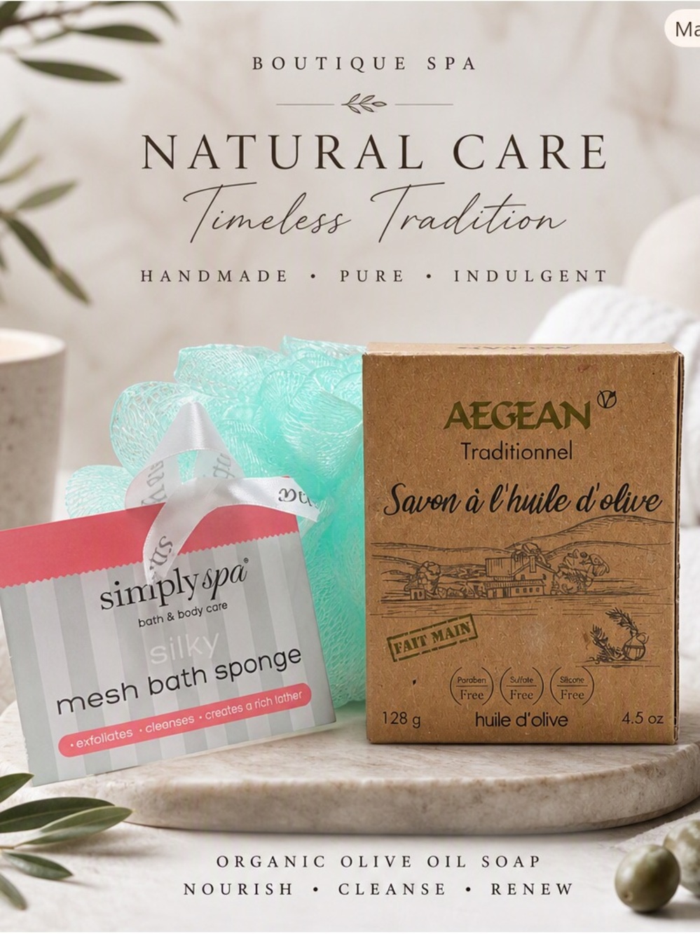 Aegean Organic Olive Oil Soap Set + Simply Soap Mesh Bath Sponge |